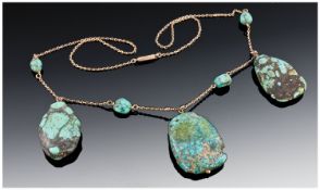 Early 20thC 9ct Gold & Turquoise Necklace Set With Three Large And Four Small Free Form Turquoise