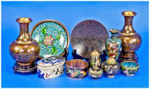 11 Pieces Of Small Chinese Cloisonne Cabinet Items, comprising 2 small plates on stands, pair of