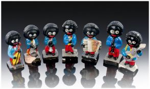 Collection of Seven Golly Jazz Band Figures, probably by Robertson`s, hand painted.