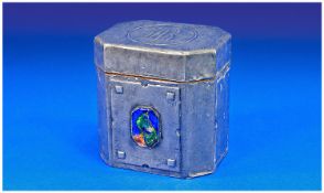 1910-1935 Commemorative Pewter Tea Caddy, The Hinged Lid With Embossed Central Monogram And