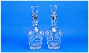 Very Fine Pair of Silver Collar Cut Glass Crystal Decanter. Hallmarked Birmingham 1962 with star