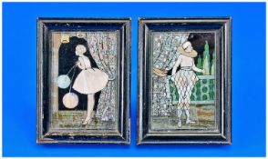 A Pair Of 20th Century Framed Miniatures, made from Genuine Panama Butterflies. a. A young girl