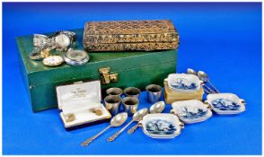 Hinged Box Containing A Collection Of Misc Oddments, Comprising Watches, Teaspoons, Cufflinks etc