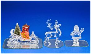 Swarovski Crystal Figures, 3 in total, Santa Claus With Sleigh & Reindeer/Stag.  1. Sleigh,