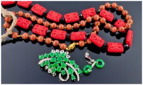 Jade Coloured Brooch And Earring Set Together With A Goldstone Coloured Necklace And Cinnabar And