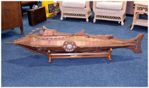 Large Jules Verne`s Nautilus, in copper colour with wooden stand, hand made, believed to be an