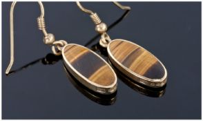 9ct Gold Drop Earrings, Set With Mother Of Pearl And Tigers Eyes, Both Fully Hallmarked.