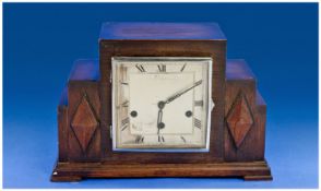 Art Deco Oak Cased Mantel Clock Regulator with 8 day chiming striking movement on five gongs. Good