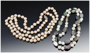 Ladies Single Strand 24 Inch Cultured Pearl Necklace, With 14KG Clasp. Together With One Other Set
