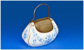 Macintyre Handbag Shaped Biscuit Barrel, `Beatrice` pattern, cerulean blue printed swags on an off-