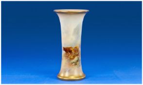 Royal Worcester Handpainted John Stinton Trumpet Shaped Vase. `Highland cattle in a landscape`,