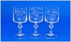 Set of Three Drinking Glasses, each with acid etching to bowls, depicting the Grand Theatre in