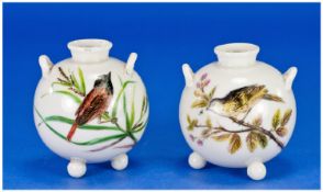 Royal Worcester Handpainted Pair Of Small Bulbous Shaped Two Handled Bird Vases. Each raised on 3