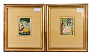 A Pair of Painted Mogal Indian Miniatures, finely decorated on bone or ivory panels. 3 by 4 inches.