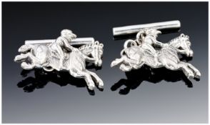 Pair Of Gents Of Silver Cufflinks, Modelled In The Form Of Horse And Rider.