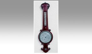 English 1920`s Fine Banjo Barometer, polished mahogany case, silvered dial. Retailer Hoskin Newport