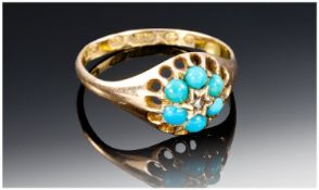 Late Victorian 15ct Gold Ring, Set With A Central Diamond Chip Surrounded By 6 Turquoise Stones,