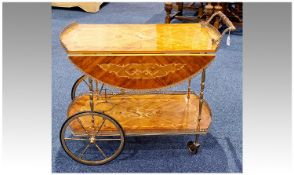 1960`s Italian Drinks Trolley, marquetry decoration to both tiers, with two folding leaves, raised