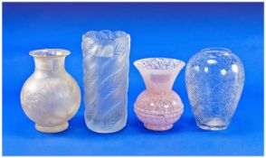 Four Various Glass Vases comprising a Lalique style column vase with stylised leaf design; 7.75
