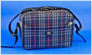Burberry Navy, Grey and Red Check Travel Bag, rectangular canvas bag with large main compartment, a
