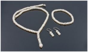 Cultured Pearl Rondelle Lariat Necklace, Bracelet and Earrings Set, the ivory lustre necklace
