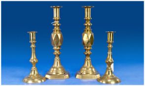 Pair of Victorian Brass Candlesticks, `The Diamond Prince`, with knopped and faceted stems, with