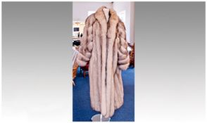 Luxurious Maxi Length White Shadow Fox Coat, swing back, mandarin collar, dolman style sleeves with