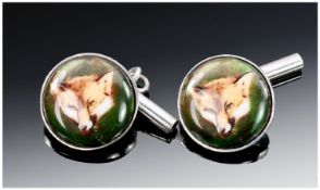 Gents Set Of Silver Cufflinks, Of Circular Form With Chain Links, The Fronts Showing Foxes Heads.