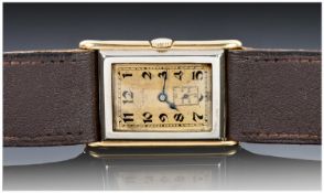 Gents Super Prestex Art Deco 9ct Gold Wristwatch Two Tone Tank Shaped Case, Manual Wind.