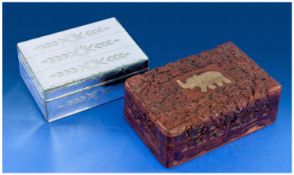 Oriental Hand Carved Wooden Trinket Box, with decorative brass mount in the form of an elephant,