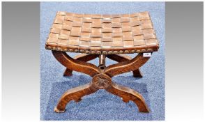 Late 19th / Early 20th Century Oak Stool, with cross frame support, with leather interwoven seat
