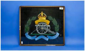 Royal Artiliery Framed Crest, Signed And Dated J Flaherty Oxford 1917. 16 x 18 Inches.