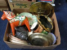 Box Containing a Collection of Items, including character jug, Mason jars, Christmas plates, part