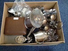 Large Box Of Misc Metalware And Collectables, Comprising Egg Stand, Cruet Set, Flatware, Hip Flask,