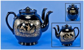 Hare Coursing Jackfield Style Double Spouted Teapot, rare subject, black glazed terracotta ovoid
