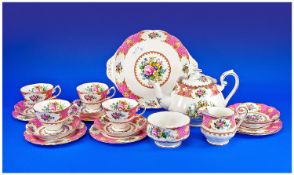 Royal Albert `Lady Carlyle` Pattern Teaset comprising tea pot, milk jug, sugar bowl, four cups, six