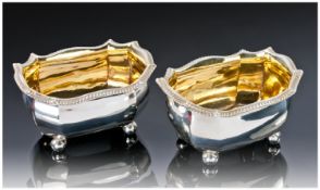 Pair Of George III Large Silver Salts Gilt Interior, Raised On 4 Cannon Ball Feet with reeded and