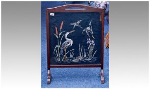 Early 20th Century Mahogany Fire Screen, with carrying handle to top, the panel depicting bird