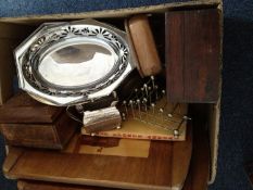 Box Of Assorted Collectables Including marqetry trays, various wooden boxes, silver plated items