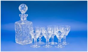 Modern Glass Decanter, of square sectioned form, globular shaped stopper, together with six