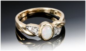 9ct Gold Diamond & Opal Ring, Set With A Central Opal Between Pave Set Round Cut Diamond Shoulders,