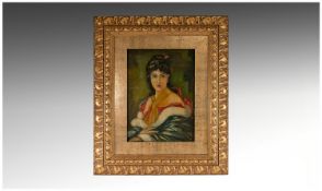 Framed Portrait, Oil on Board, gilt frame. 12 by 17.5 inches. Signed lower right. Titled `Xapa` to