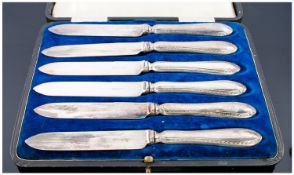 Walker & Hall Boxed Set of Six Silver Plated Handle Butter Knives. Circa 1910.