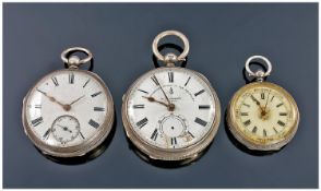 Two Silver Open Faced Pocket Watches Together With A Ladies Fob Watch.