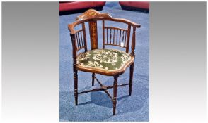 Edwardian Mahogany Corner Chair, with marquetry decoration to back, padded seat.