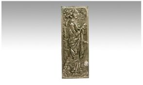 Pewter Art Nouveau Wall Plaque Showing A Maiden In A Garden Setting, Set With Cabochon Stones, 22½
