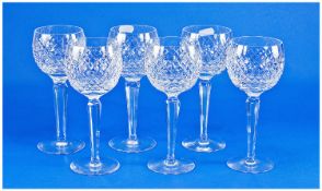 Waterford Fine Quality Cut Crystal Set Of Six Wine Hock Glasses. `Alana` pattern. Waterford mark,
