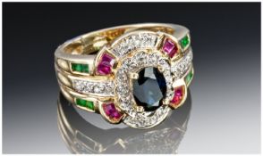 9ct Gold Gem Set Dress Ring, Set With A Central Sapphire Surrounded By Round Cut Diamonds, Rubies