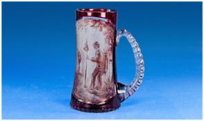 A Signed 19th Century Etched Ruby Glass Vase / Jug. Golfing interest, `Young boys playing golf`