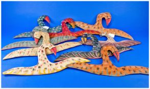Collection Of Nine Stylised Bird Clothes Hangers, All Painted In Various Colours.